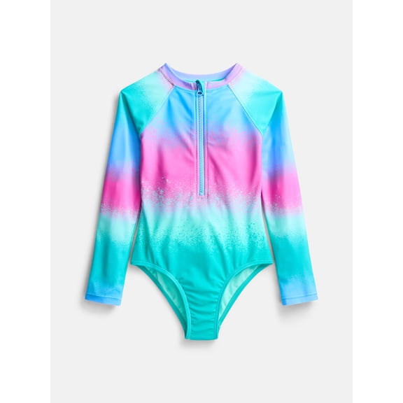 Wonder Nation Girls Zip Rash Guard Swimsuit with Long Sleeves, Sizes 4-16