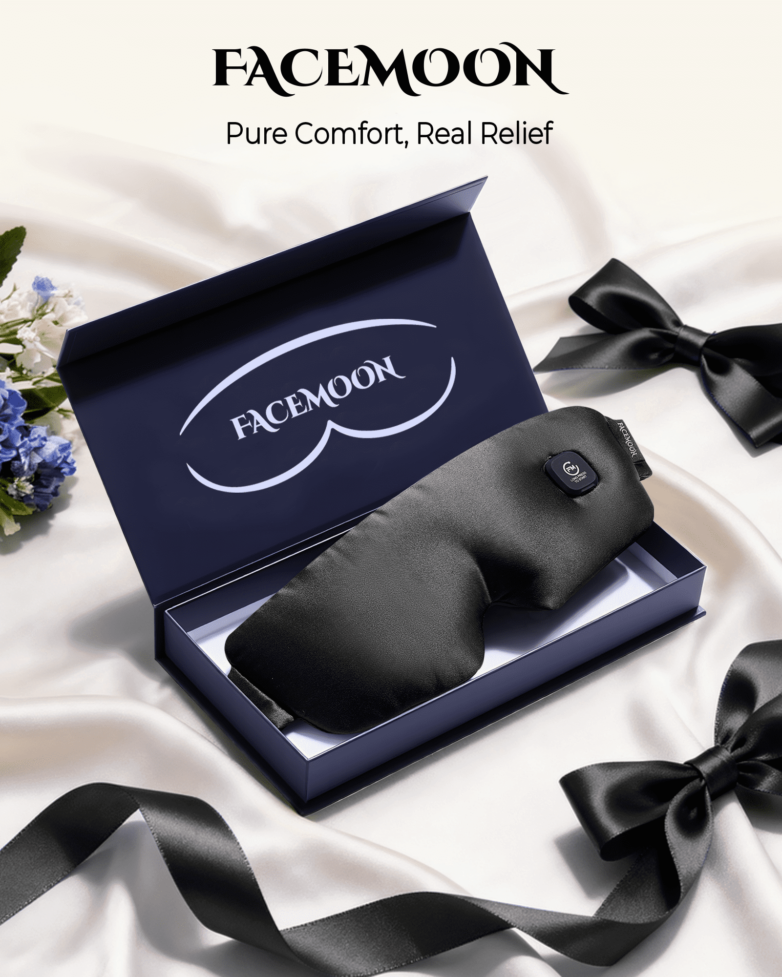 FACEMOON Rechargeable Cordless Heated Eye Mask Silk Comfort for Dry Eyes Moist Heat Warm Compress Washable Sleep Relaxation Black