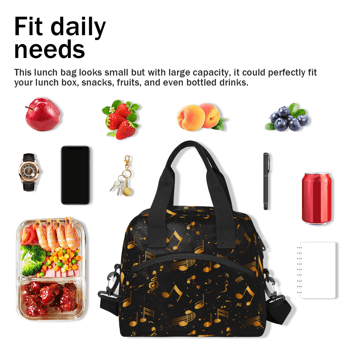 Herdesigns Music Insulated Lunch Bag for Women Men Adults Large Reusable Lunch Box Gold and Black Musical Notes Leakproof Cooler Tote Bags with Adjustable Shoulder Strap