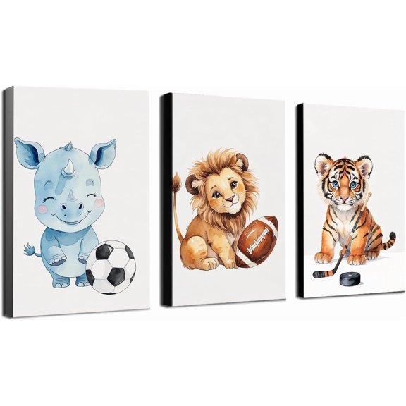 Jungle Animals Kids Room Wall Decor Set of 3 Rhino Lion Tiger and Olive Soccer Puck Canvas Print Watercolor Animal Poster Baby Boy Sports Decor Art Painting