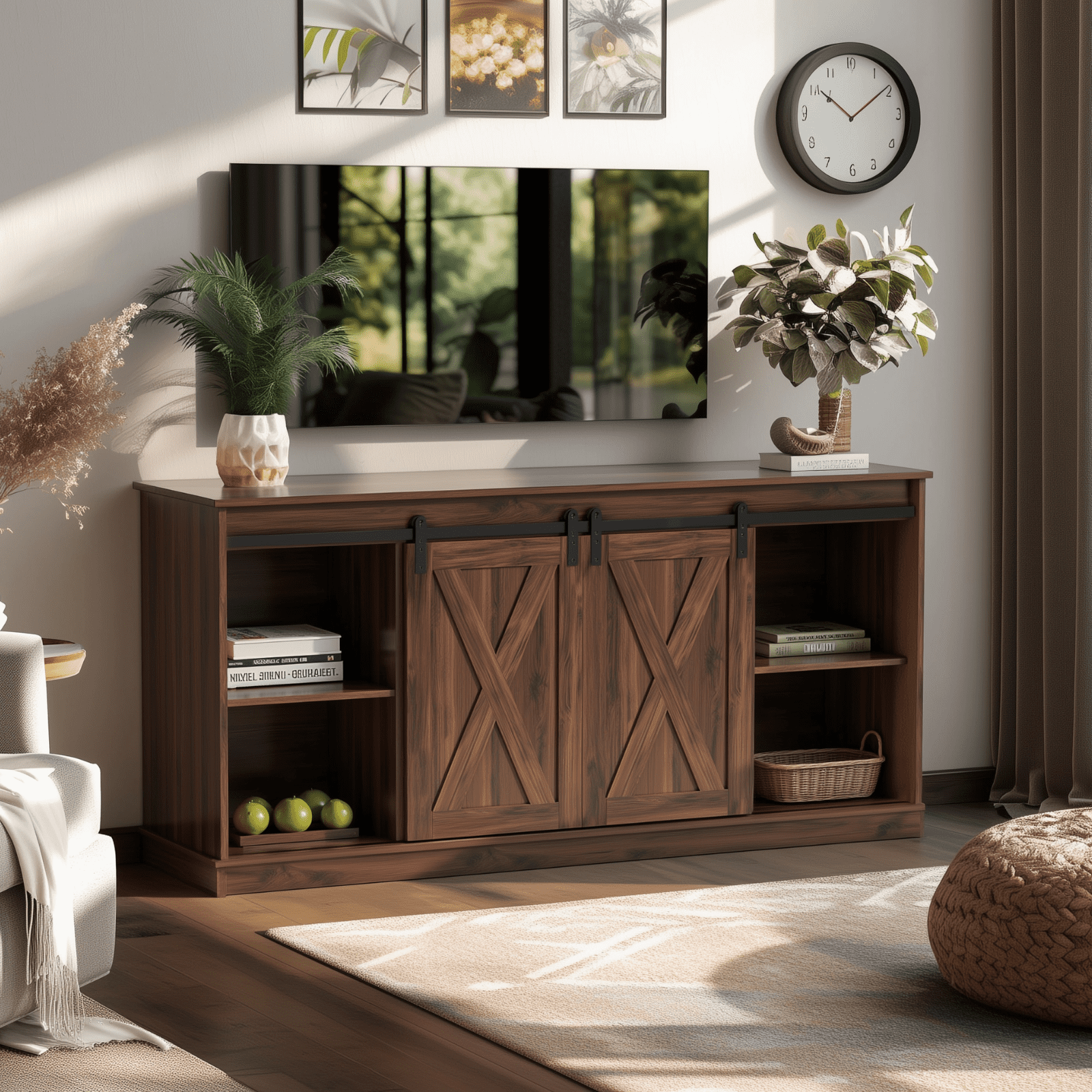 Aukfa TV Stand for TVs up to 65", Entertainment Center with Storage Cabinets and Sliding Barn Doors, for Living Room Bedroom,Walnut