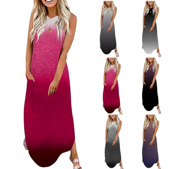 Summer Dress for Womens 2023 Casual Loose Tank Dress Sleeveless Beach Dress Criss Cross Neck Slit Side Gradient Print Maxi Sundresses with Pocket
