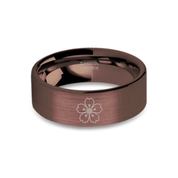 Sakura Tree Blossom Engraved Rustic Brushed Brown Tungsten Ring, 8mm, Size 15