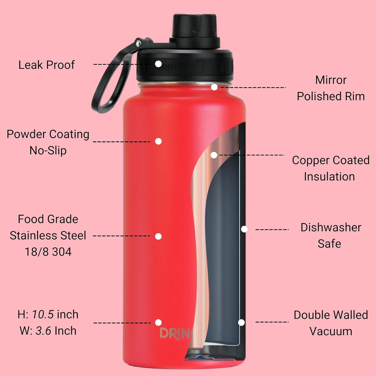 DRINCO Water Bottle Vacuum Insulated Stainless Steel Double Wall-USA Flag-32oz Barn Red