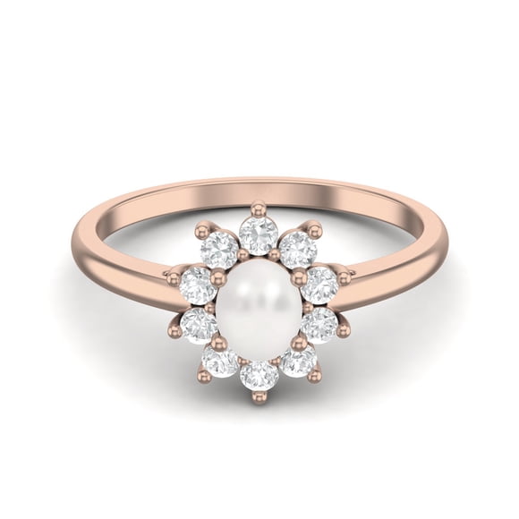 0.79 Cts Oval Pearl Halo Art Deco Solitaire Engagement Promise Engagement Women Ring in 925 Sterling Silver Rose Vermeil