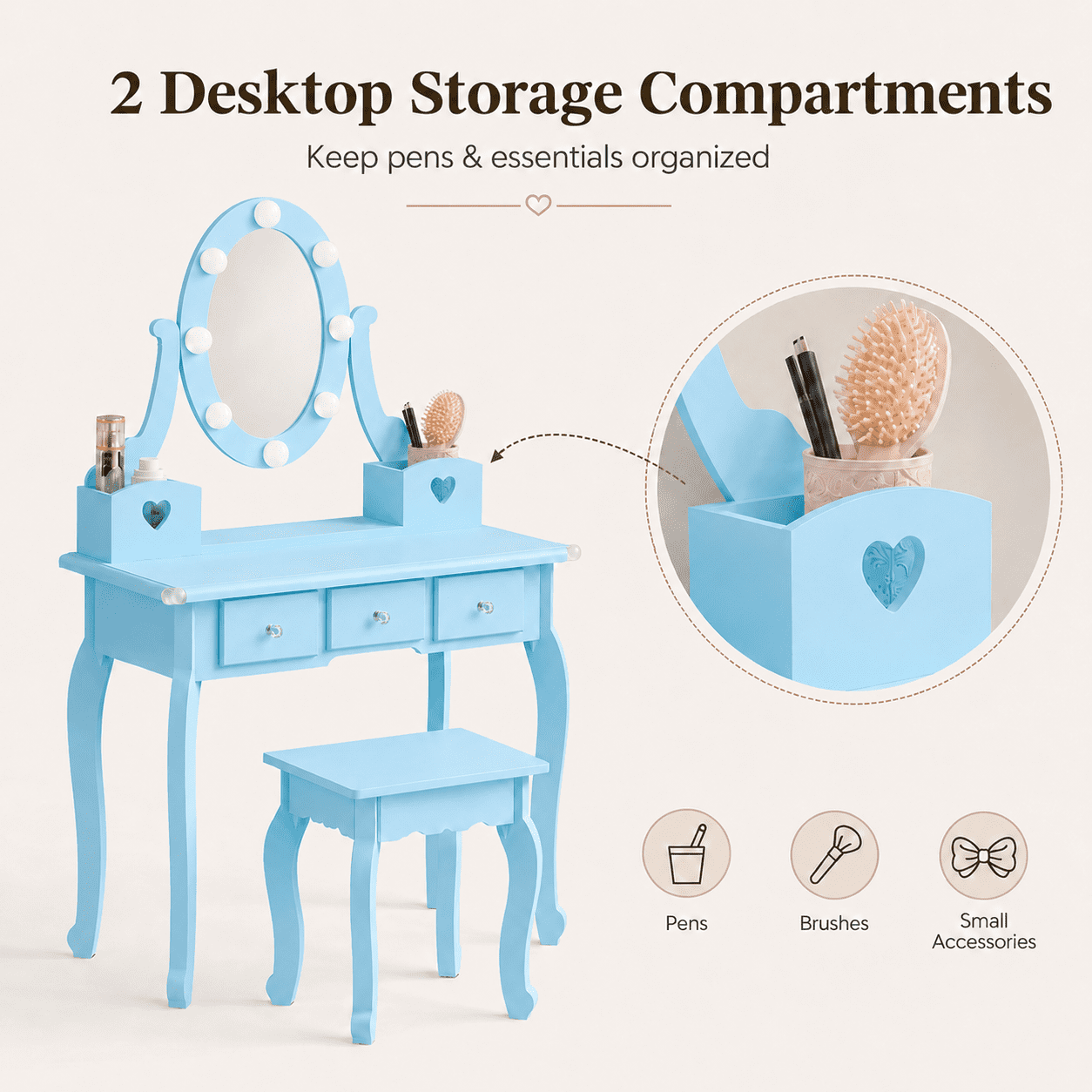 Ktaxon Kids Play Makeup Vanity Set with 3-Color Light, Girls Vanity Dresser Desk with Matching Stool, Light Blue