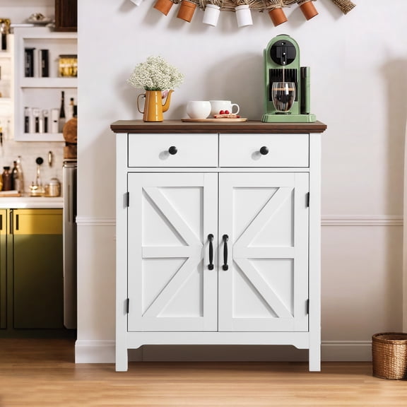 FitStand Farmhouse Storage Cabinet 2 Drawers and Adjustable Shelf, Kitchen Cupboard Sideboard, Storage Organizer for Entryway, Dining Room, Living Room and Kitchen, White
