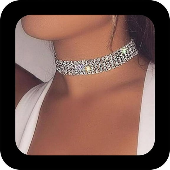Sparkly Rhinestone Choker Necklace 5 Row Crystal Collar Necklace Layered Crystal Choker Necklace Silver Multi Row Tennis Chain Necklace Chain Jewelry for Women