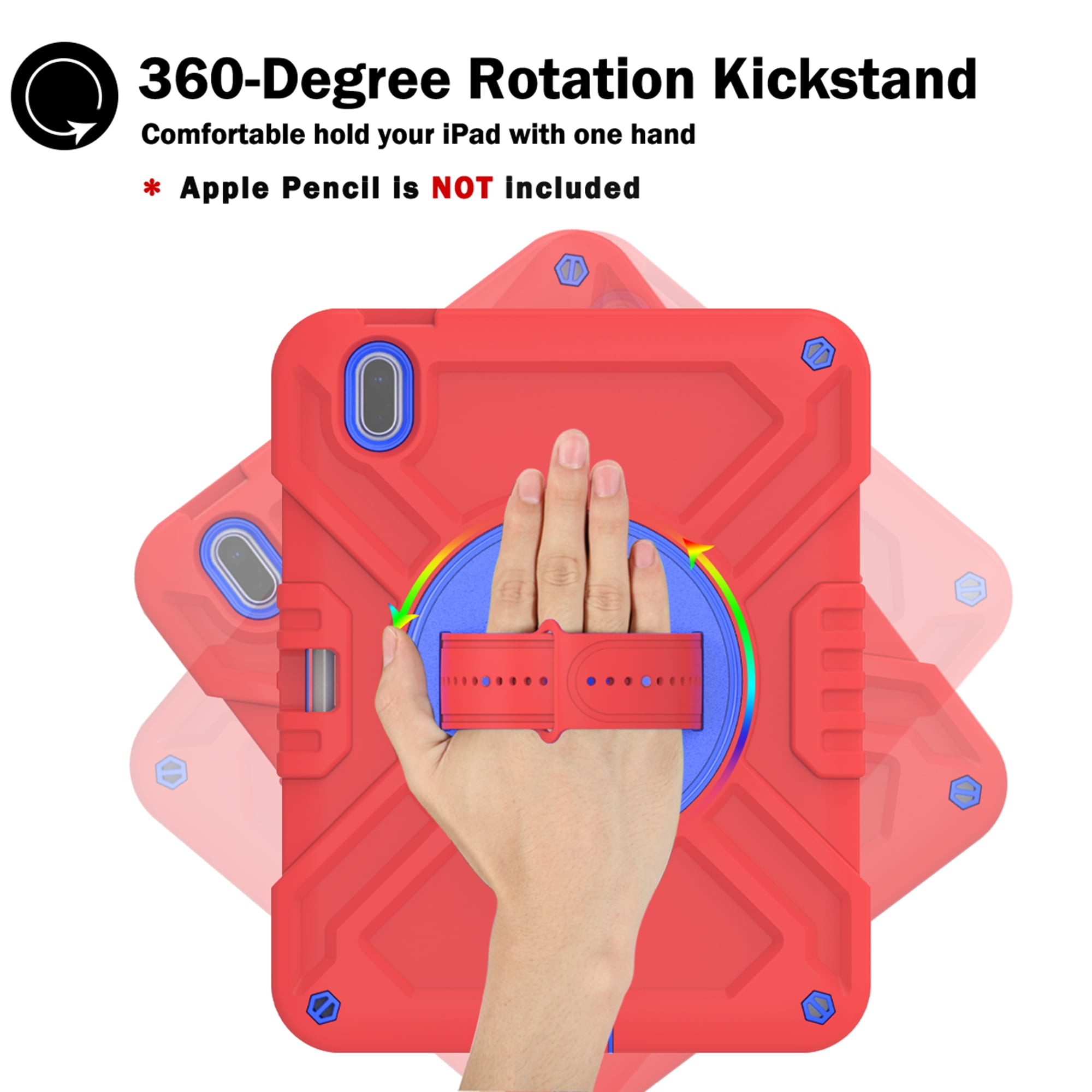Dteck Kids Case for iPad 10th Generation Case 2022, Military Grade Shockproof Rugged Cover for iPad 10th Gen 10.9 Inch with 360° Swivel Stand - Handle - Shoulder Strap - Pencil Holder,Red Blue