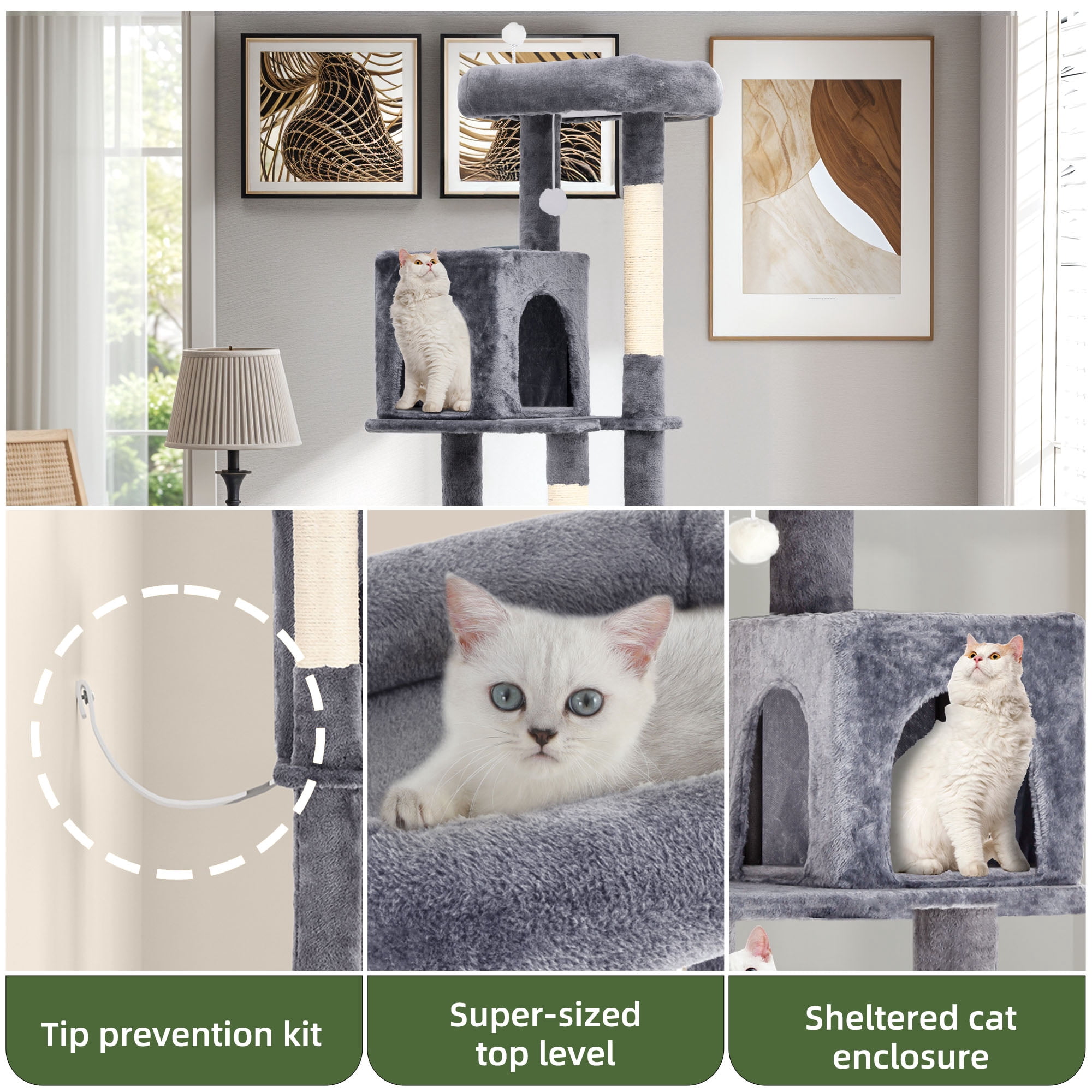 Uforic 70.8" Cat Tree Tower for Indoor Cats,Multi Level Play Tower Condo  with Scratching Posts&Cozy Basket, Light Gray