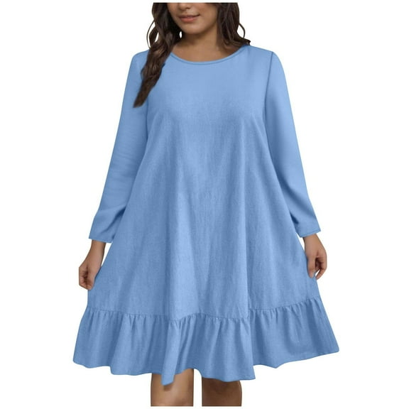 Wdfiry Women's Knee-length Dress Plus Size Round Neck Long Sleeve Ruffled Trim Dress Solid Color Casual Loose Fall Dresses