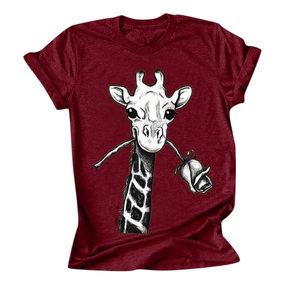 Womens Animal Printed Tops Summer Short Sleeve Cute 3D Giraffe Rose Graphic T-Shirts Blouses Casual Pattern Tee Shirts