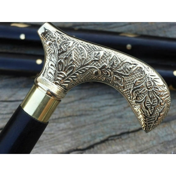 Wooden Vintage Walking Cane Stick | Beautiful brass Head carved handle old design cane for Men and Women
