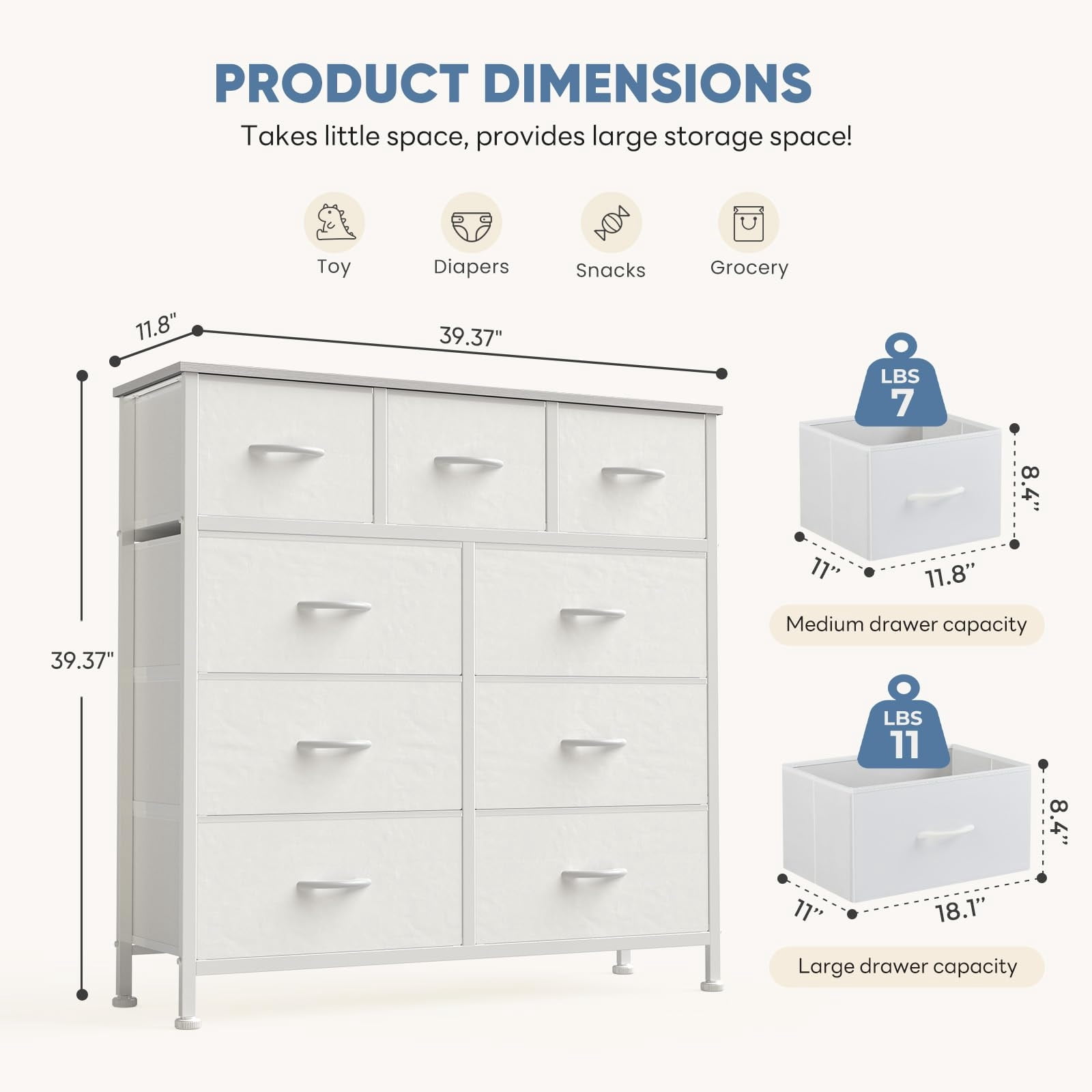 Telyra 9-Drawer Fabric Dresser Tall Storage Tower with Wood Top and Steel Frame Bedroom Closet Organizer, White