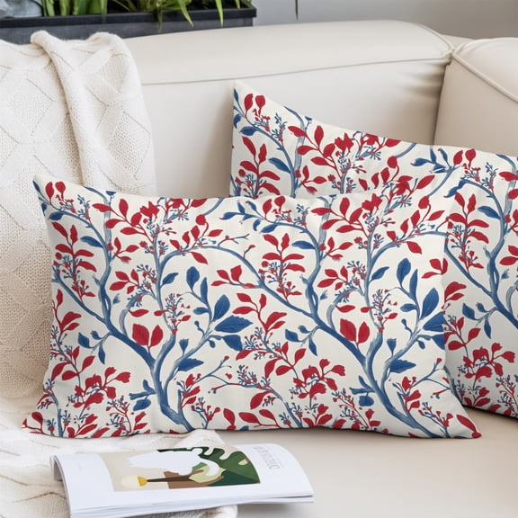 Red Blue Leaf Pillow Covers 12"x20", Summer Vintage Botanical Branch Soft Brushed Microfiber Breathable Throw Pillow Covers, Decorative Pillowcase with Zipper for Couch Sofa Bedroom Living Room