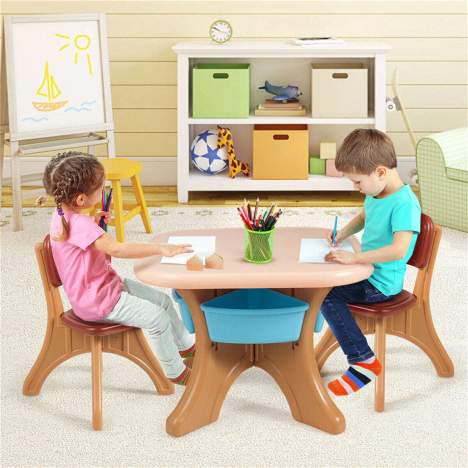 Brown Kids Table and 2 Chairs Set with 4 Storage Boxes, Toddler Activity Table for Drawing Playing Eating, Children Furniture for Indoor Outdoor