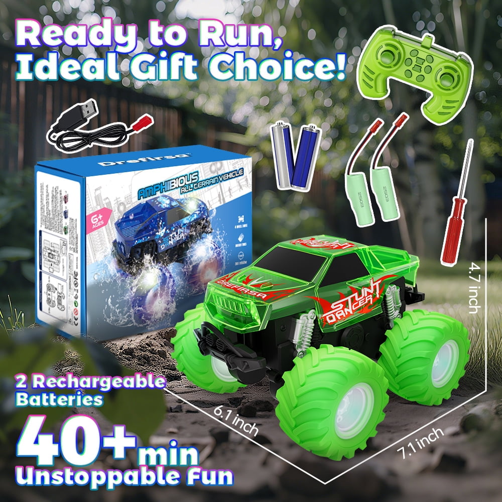 Drefirsa Amphibious Remote Control Monster Truck, Remote Control Car with Colorful Light  and Stunt