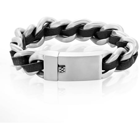 Crucible Brushed Stainless Steel Interweaved Black Leather Curb Chain Bracelet (15mm), 8