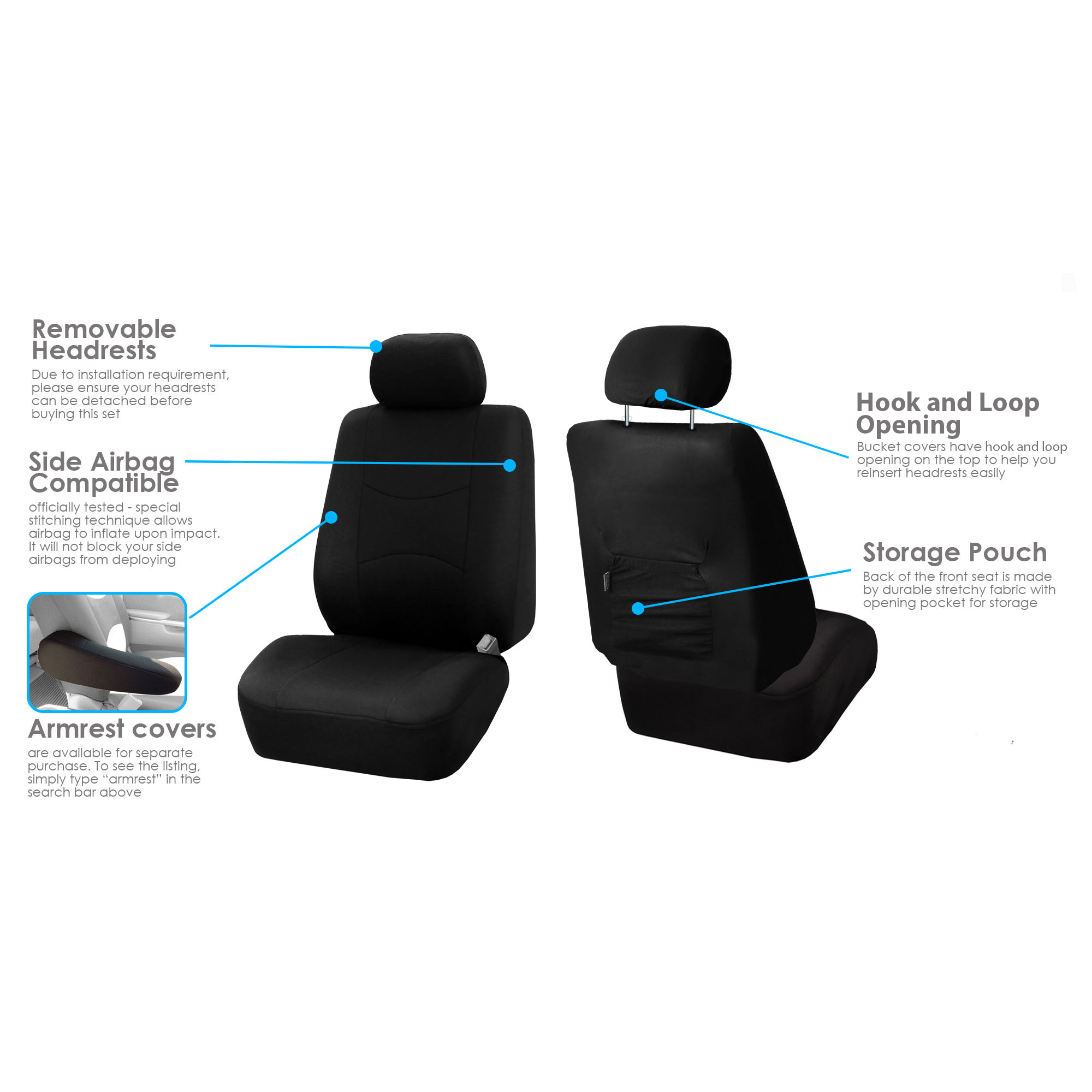 FH Group Classic Cloth Car Seat Covers Pair – Gray/Black Universal Fit For Most Cars, Trucks, SUVs & Vans - View #2