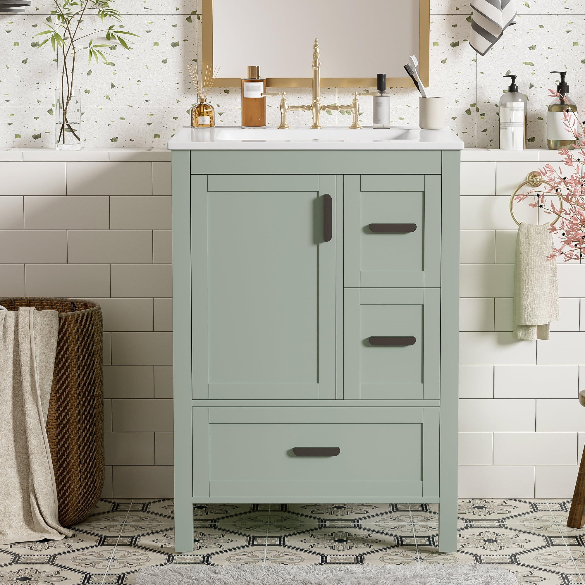 viswild 24" Bathroom Vanity with Ceramic Sink, Soft-Close Door, 3 Drawers & Double Door Shelves for Small Spaces, Green