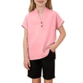 thumbnail image 3 of MKOSPLRT Henley Shirts for Kids Girls Button V Neck Rolled Short Sleeve Linen Shirt Basic Solid Split Hem T Shirts for Beach Vacation Pink 5-6 Years, 3 of 10
