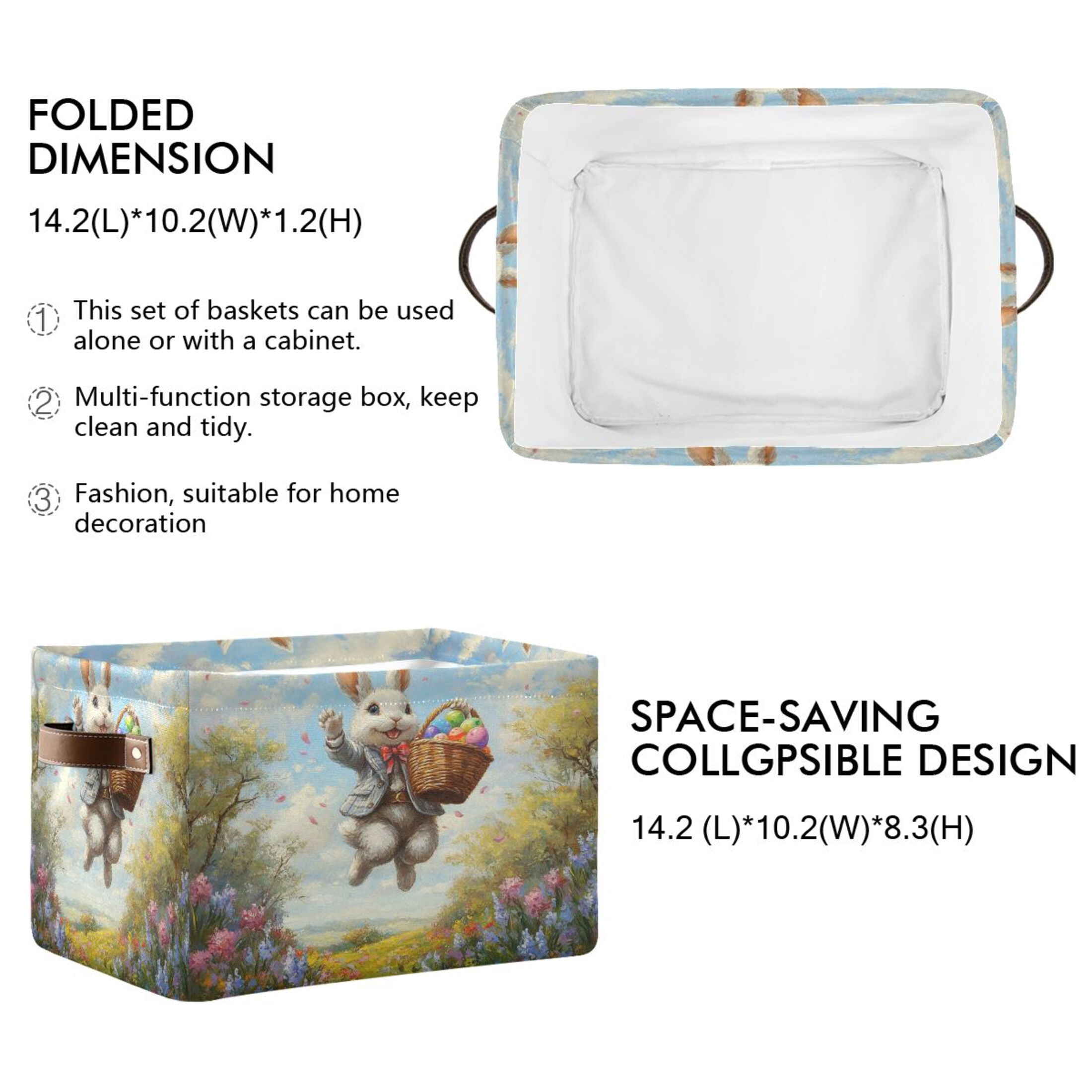 WOBOGO Cheerful Easter Bunny Square Storage Basket with Waterproof Canvas and PE Lining Durable PU Leather Handles 14.2×10.2×8.3in