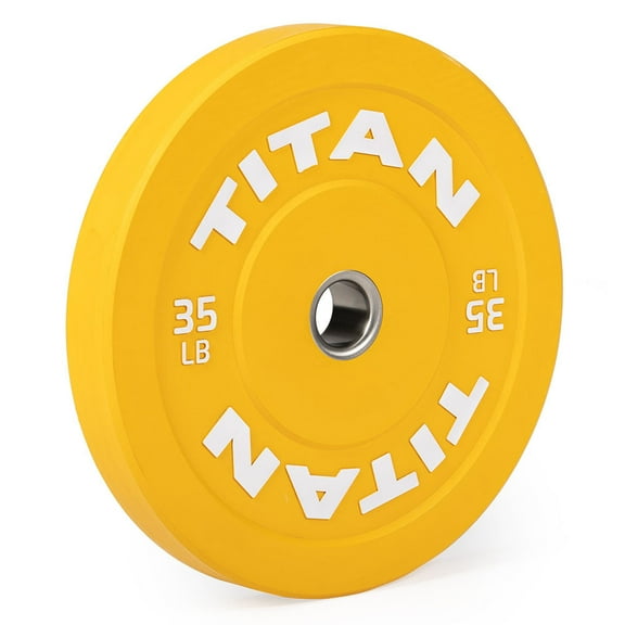 Titan Fitness 35 LB Economy Olympic Bumper Plate, Color-Coded by IWF Standards, Low Bounce Rubber with Steel Insert