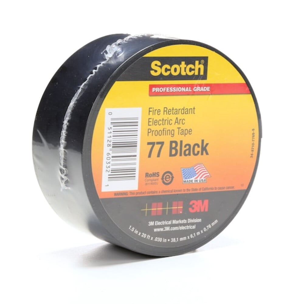 3m Electrical Tape, Black, 6-5/8 yd L, 1-1/2 in W 77BLACK-1-1/2X20FT