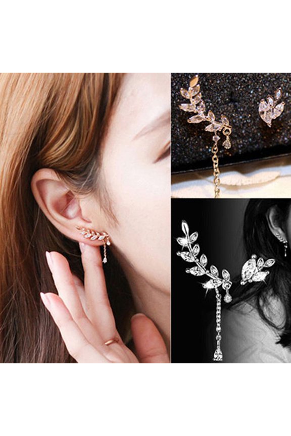 Ear Studs Asymmetric Anti-rust Women Leaf Rhinestone Tassel Earrings for Wedding