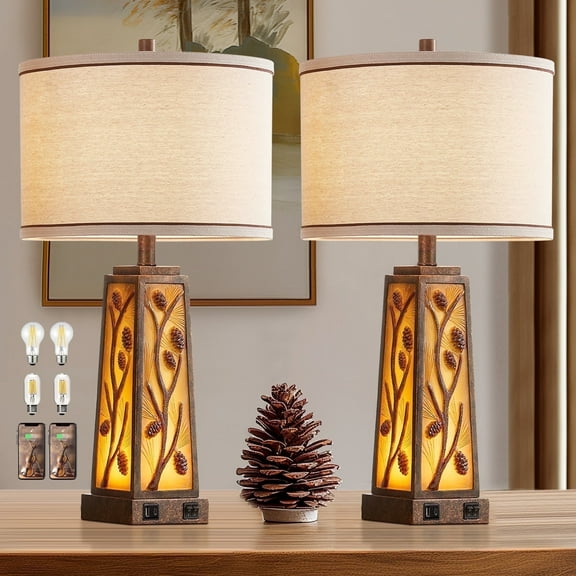 Open Box RORIA 25” Living Room Table Lamp Set of 2 with dual USB charging ports and night light, modern farmhouse style, amber resin base, beige lampshade, perfect for use as a bedroom bedside lamp
