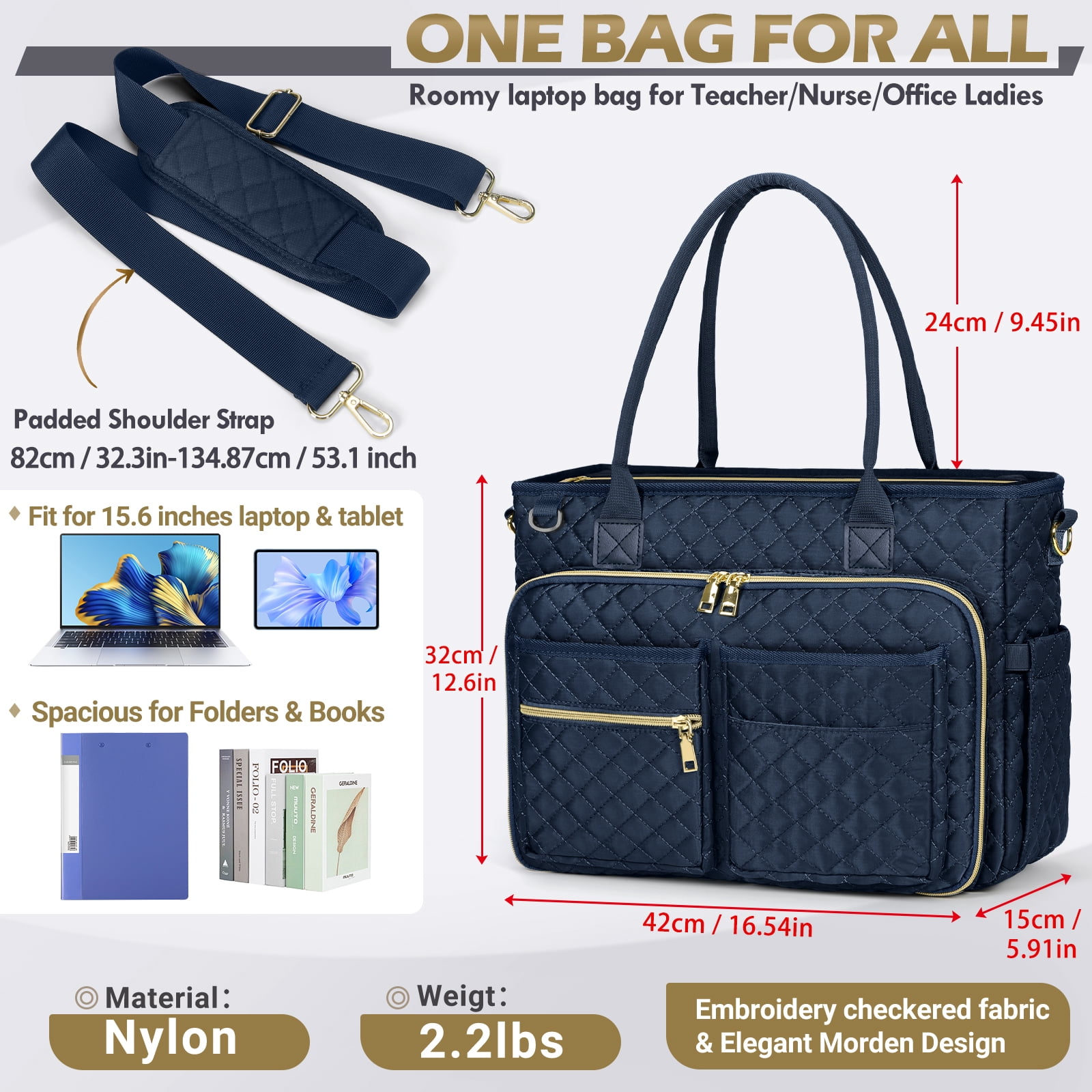 RAINSMORE Teacher Tote Bag 15.6 inch Laptop Bag for Women Work Bags Laptop Tote Nurse Bag Professional Computer Messenger with Insulated Pocket, Laptop Briefcase for Office, College, Nursing