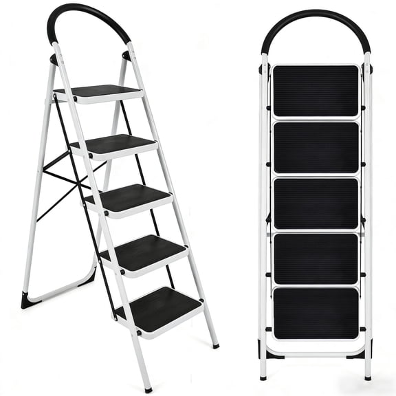 DQQKMM 5 Step Ladder, Folding Step Stool With Extra Wide Anti-Slip Pedal 330 Lbs Capacity (White)
