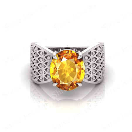 Shree Jewelrs Original Certified Natural Yellow Sapphire (Pukhraj) Ring - 11.00 Ratti Certified Handcrafted Ring Jupiter Ring, PANCHDHATU Silver Plated Ring for Men and Women