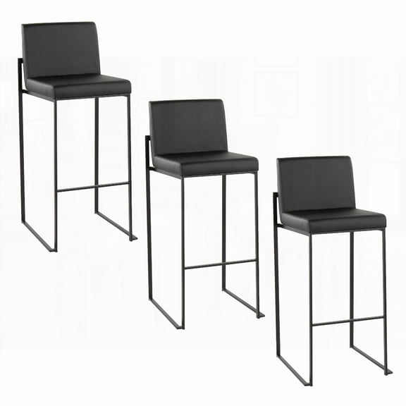 Set of 3 Contemporary 30" High Back Barstools in Black Steel & Black Faux Leather by LumiSource