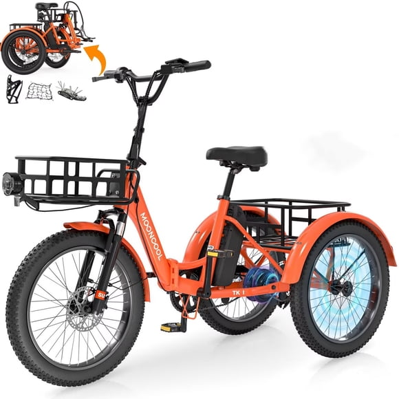 Lilypelle TK1 Tricycle Électrique Pliant pour Adultes et Aînés, Trois Pneus Larges 20*3 Po Vélo Électrique avec Moteur 750W et Batterie 48v 14.5Ah, Orange