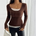 thumbnail image 5 of CIENVNSTG Women Lace Patchwork Ribbed Knit Tee Scoop Neck Casual Slim Fit Long Sleeve Crewneck Button Up Ruched Crop T-Shirts Coffee M, 5 of 7
