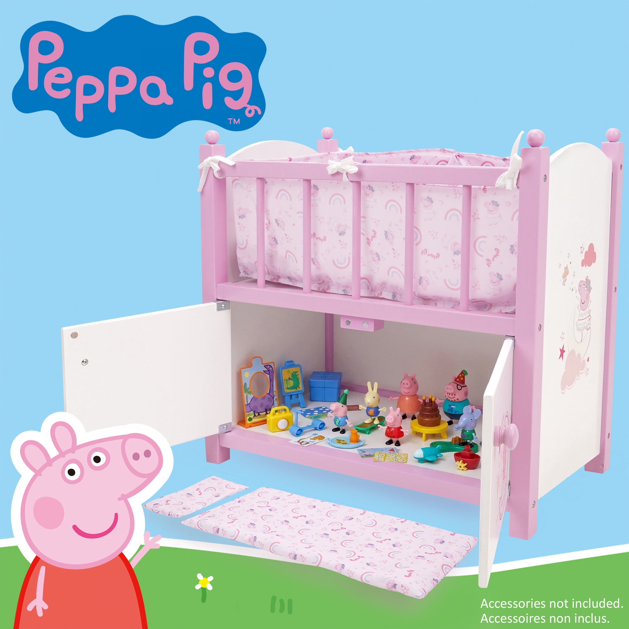509 Crew: Peppa Pig - 2-In-1 Wooden Doll Crib - Pink-White-Moon, Built-In Storage Cabinet, Pillow & Blanket, Doll & Plush Sleep Accessory Toy, Kids 3+