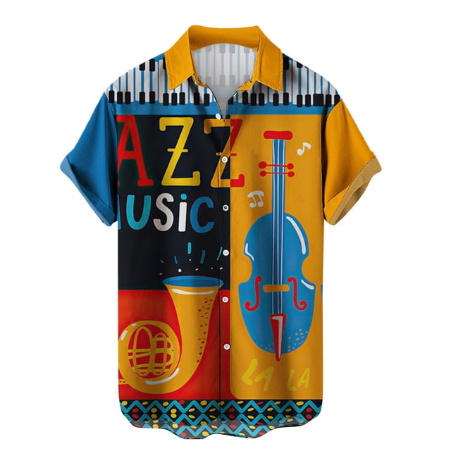 Men's Button Shirt 2024 Summer Fashion Casual Personality Musical Instrument Digital Short Sleeve-week
