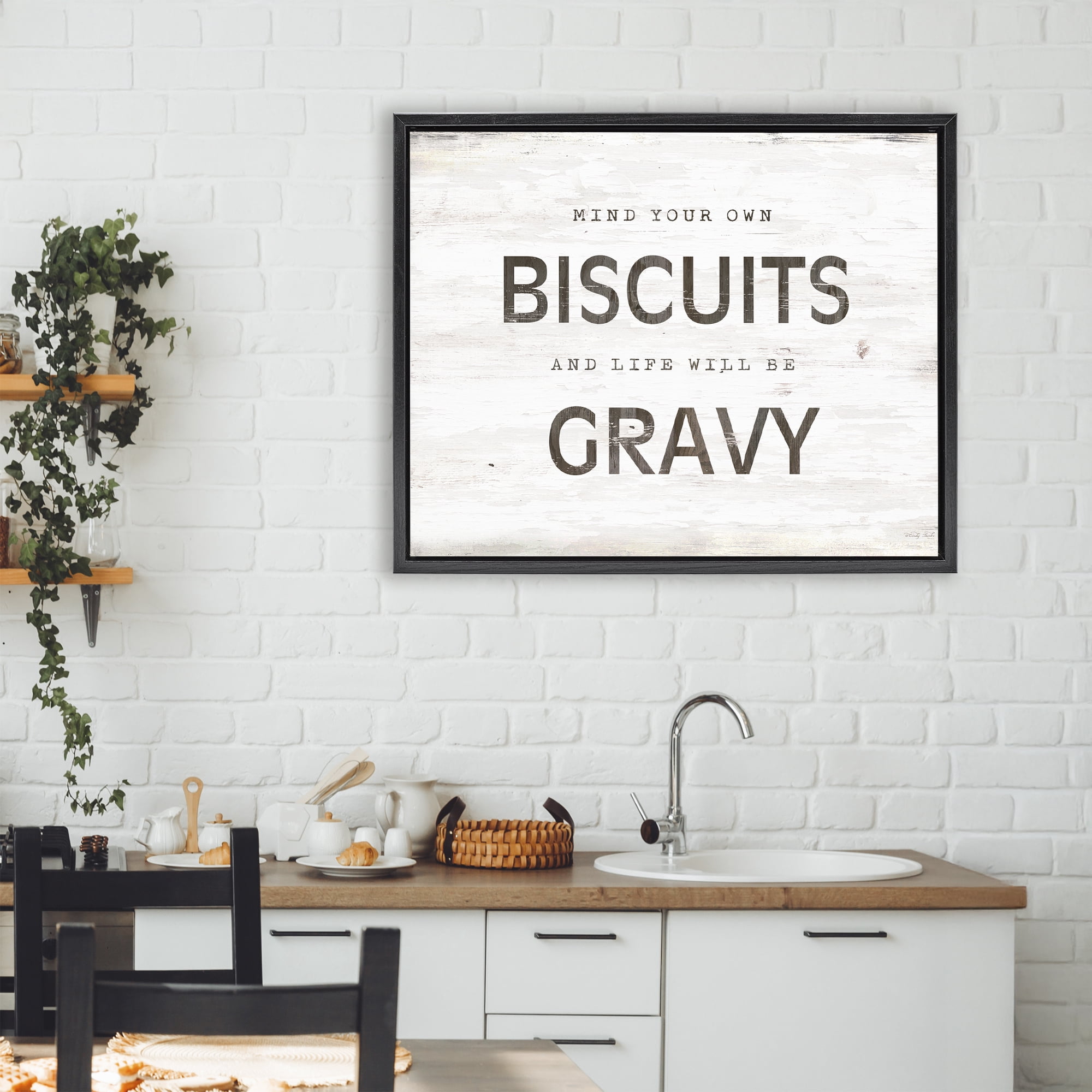 Stupell Industries Mind Your Biscuits Life Is Gravy Black Framed Floater Canvas Wall Art, design by Cindy Jacobs