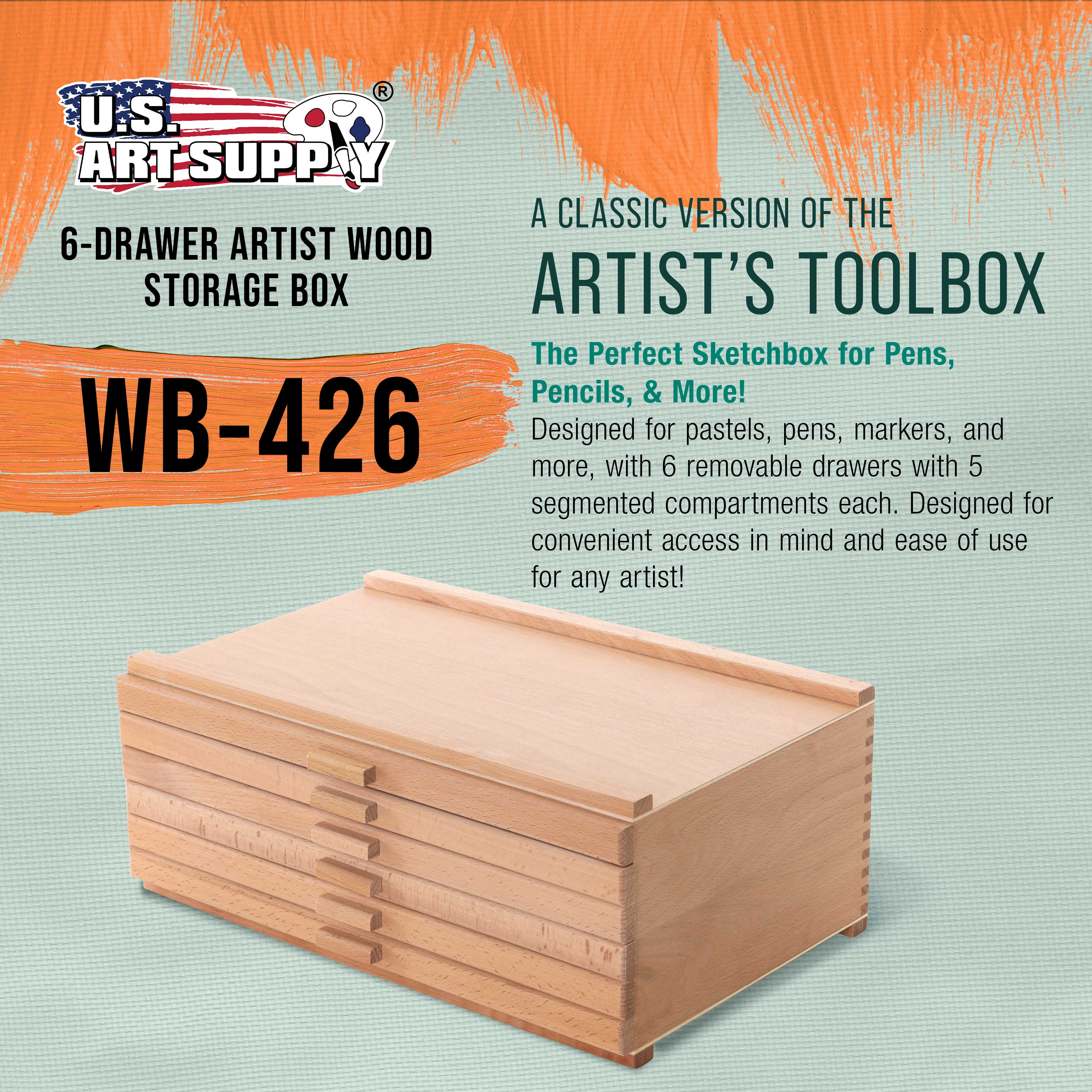 U.S. Art Supply 6-Drawer Artist Wood Pastel, Pen, Marker Storage Box - Elm Hardwood Construction, 5 Compartments per Drawer - Ideal for Pastels, Pens, Pencils, Charcoal, Blending Tools