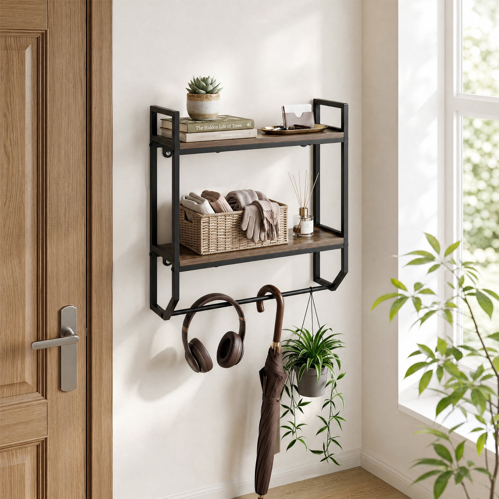Vebreda Over-the-Toilet Storage Shelf with Metal Frame & Towel Bar, 2-Tier Wall-Anchored Bathroom Space Saver Organizer Rack Above Toilet, Rustic Brown