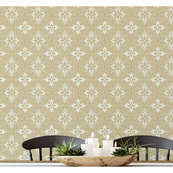 S4Sassy Ornate Floral Tile Wallpaper Beige Walls Covering, 25" x 120" Self-Adhesive Vinyl Wall Paper, Walls Wrap, Easy DIY Wall Covering For Farmhouse Bedroom, Living Room, Cabinets, Living Spaces