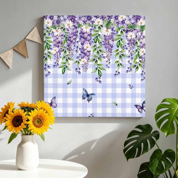 Purple Floral Canvas Wall Art for Living Room, Country Pastoral Butterfly White Daisy Flowers Plaid Poster Print Painting for Bedroom Office Gallery Decoration Wall Pictures Prepare To Hang 12"x12"