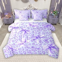 Manfei Vintage Purple Ribbon 7 Pieces Bedding Comforter Set for Kids, Chic Cheetah Print Full Bedding Set, Fashion Bowknot Style Reversible Fitted Sheet Flat Sheet, Microfiber Bedroom Decor