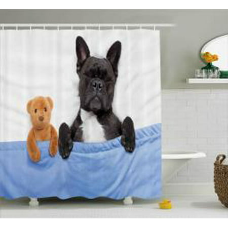Animal Decor Shower Curtain, French Bulldog Sleeping with Teddy Bear in Cozy Bed Best Friends Fun Dreams Image, Fabric Bathroom Set with Hooks, 69W X 75L Inches Long, Multi, by