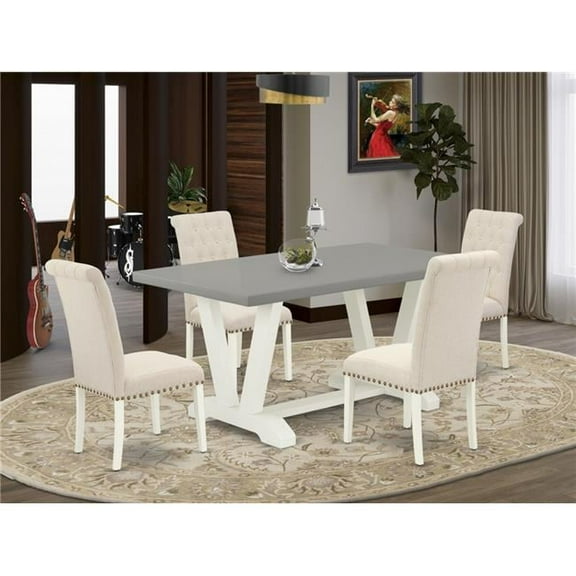 5 Piece V-Style Stylish Dining Room Table Set - Light Beige, Cement & Linen White