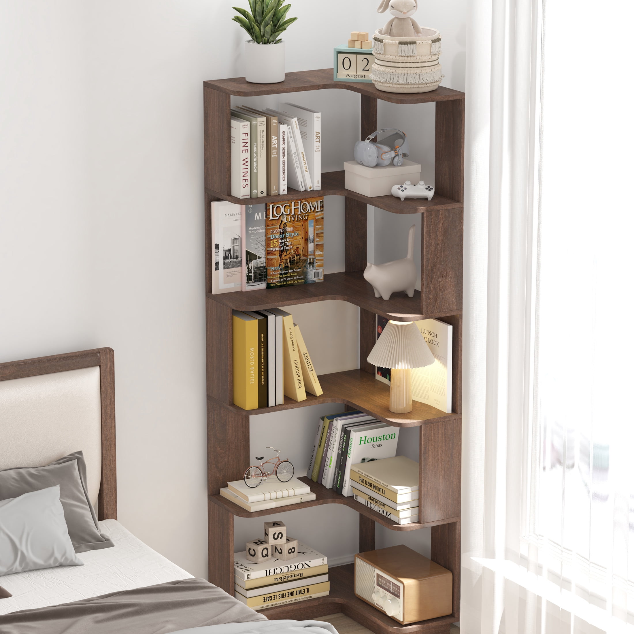 Noble House Vayen 65" L-Shaped Corner Bookshelf, 6-Tier Anti-Drop Wooden Bookcase, Open Storage Rack, Dark Brown