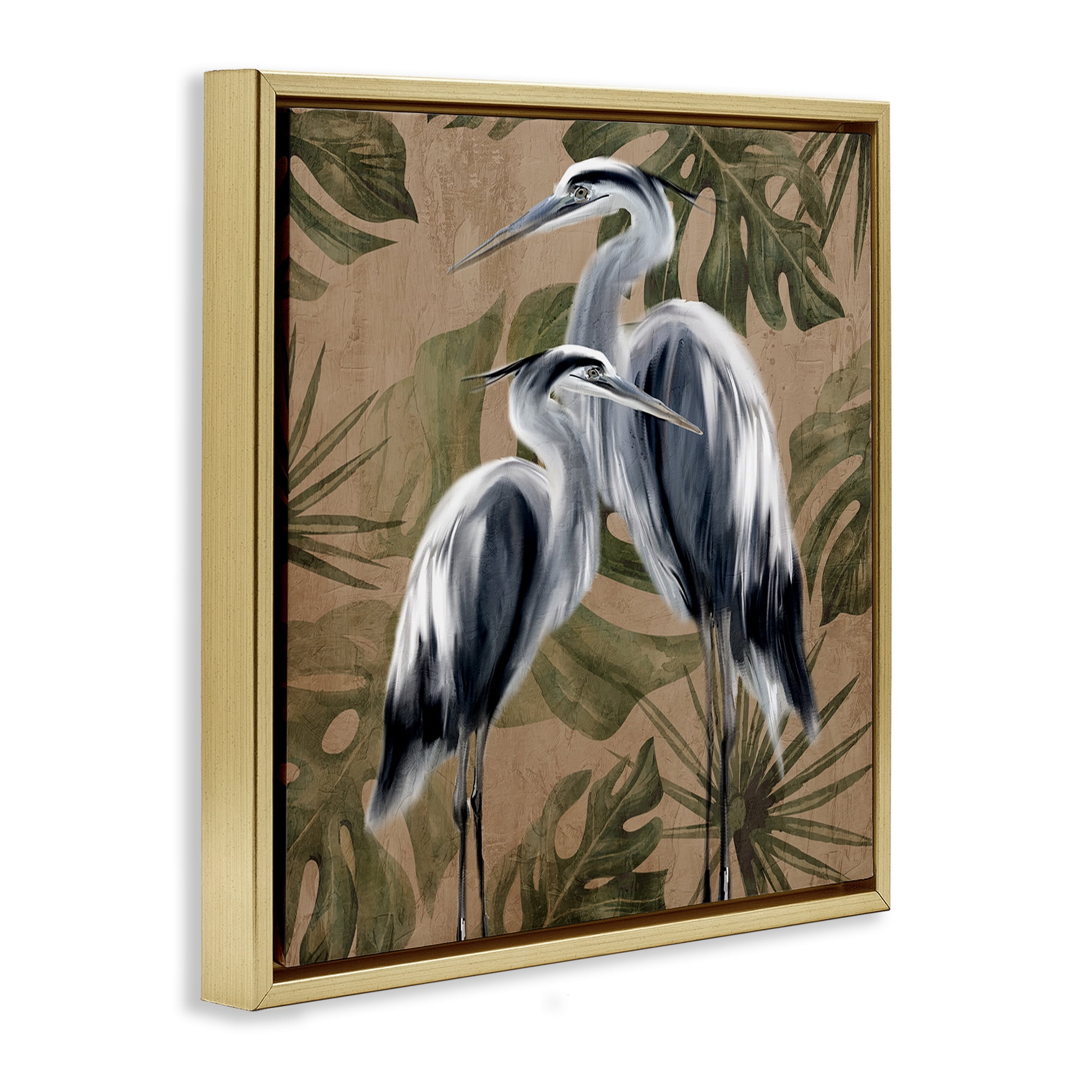 Stupell Industries Two Herons over Tropical Leaves Gold Framed Floater Canvas Wall Art, design by Kim Allen