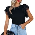 thumbnail image 2 of Camiseta de manga corta para mujer, cuello redondo, corte ajustado, costura de encaje, Top de verano para citas, compras, negro, M, 2 of 5