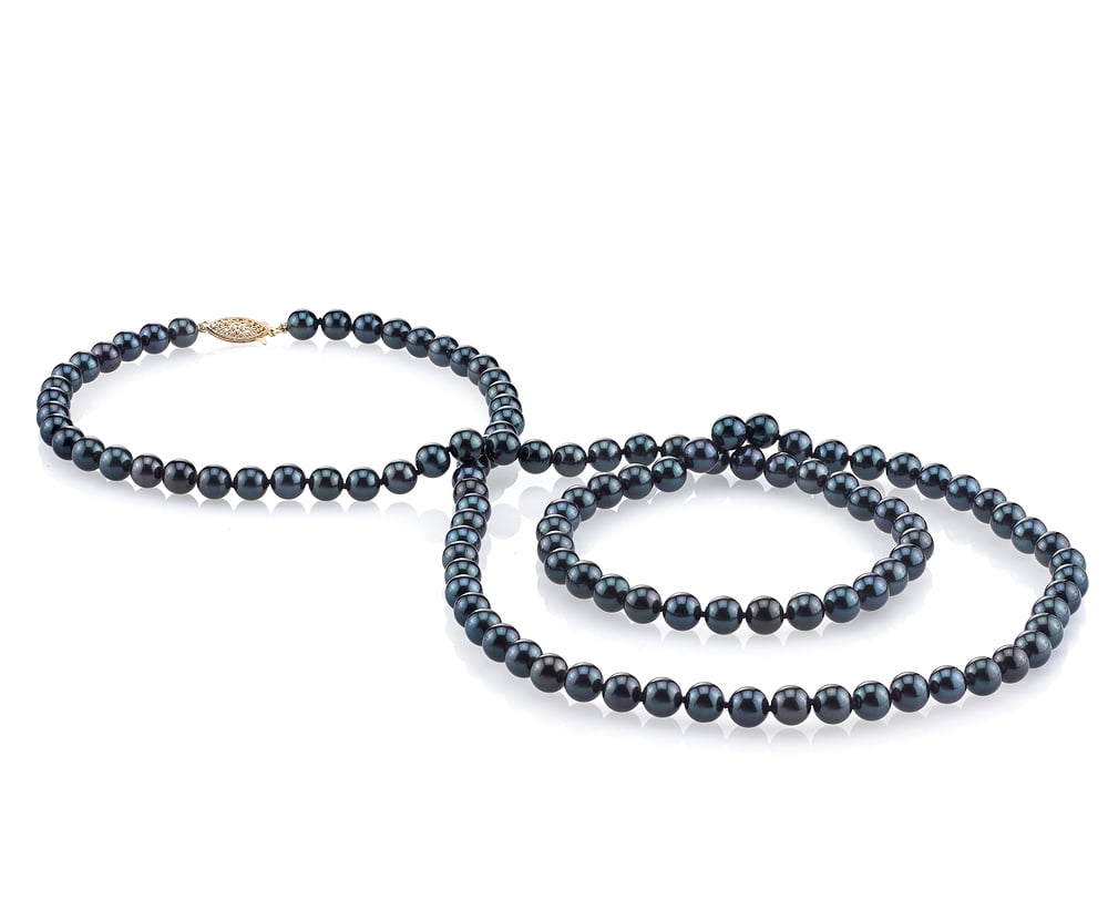 14K Gold 6.5-7.0mm Black Akoya Cultured Pearl Necklace AA+ Quality, 36" Opera Length by The Pearl Source